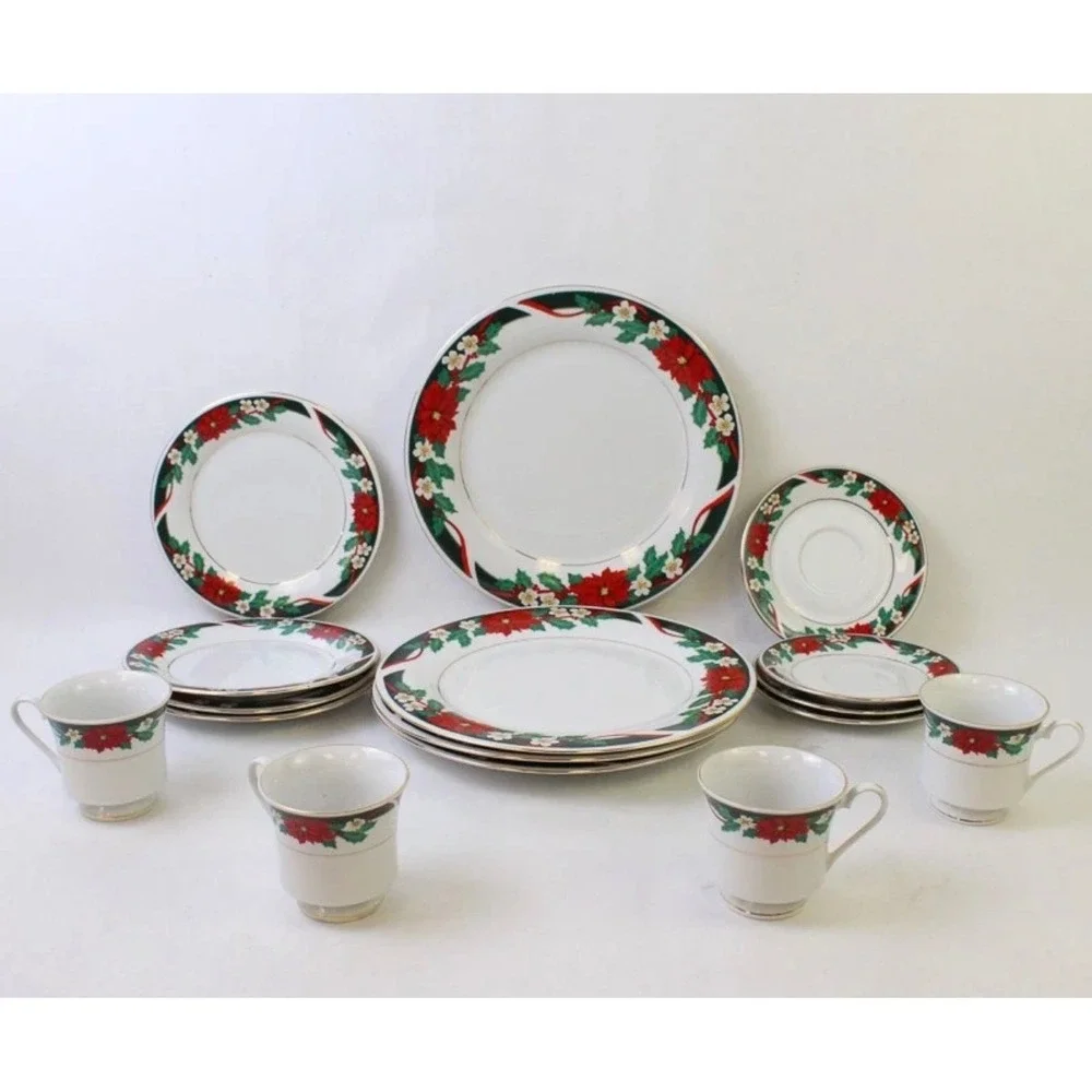 Tienshan Fine China Christmas Poinsettia Dinnerware Set Holiday Gold Rim 16pc‎